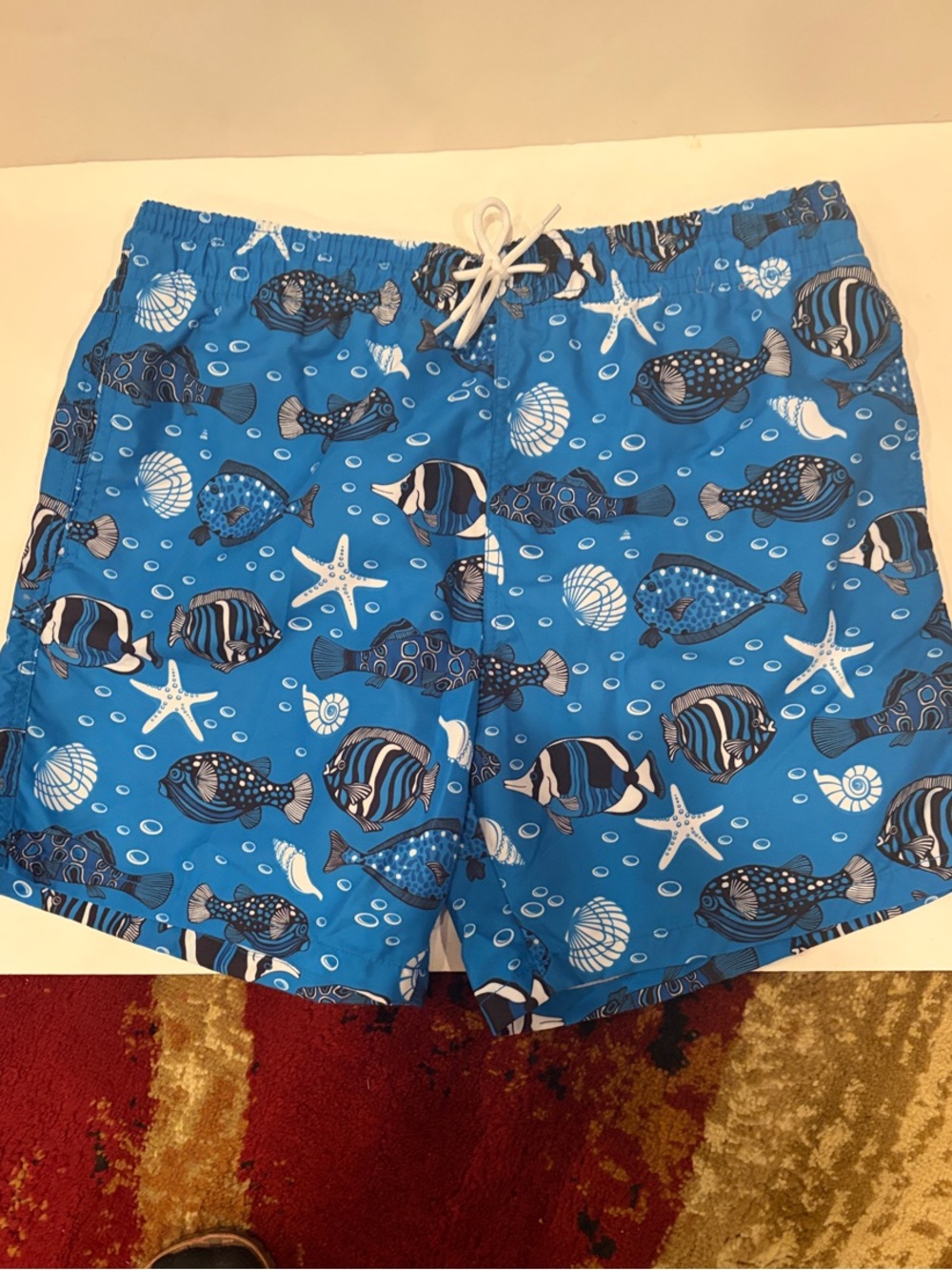 Mens Blue Fish & Starfish Swim Trunks with Drawstring